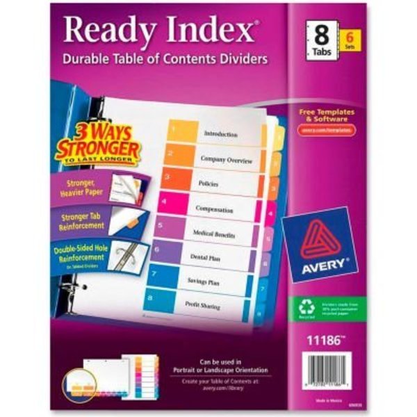 Avery Dennison Avery Ready Index T.O.C. Reference Divider, 1 to 8, 8.5"x11", 8 Tabs, 6 Sets, White/Multi 11186